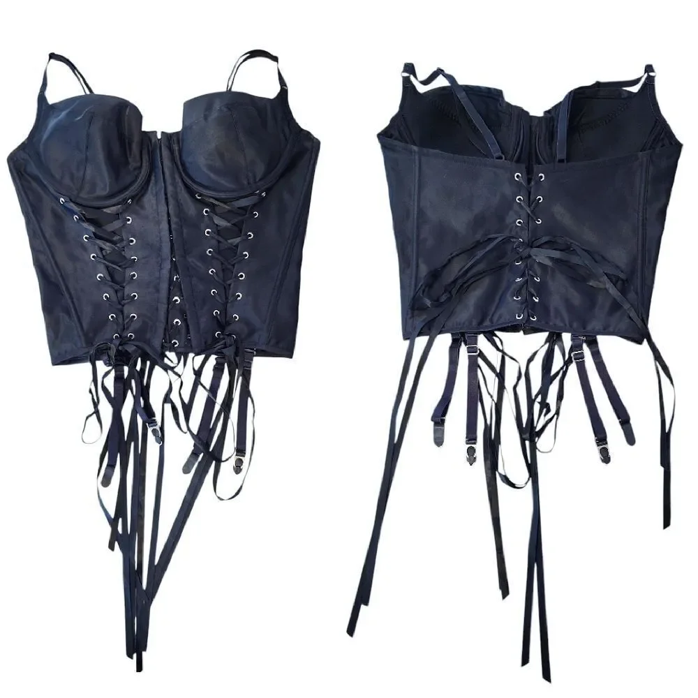 VTG Black Satin Shirley‎ Of Hollywood Lace Up Corset with Garters 38B-D